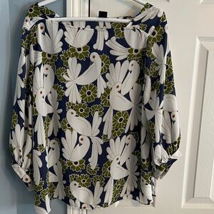 Ann Taylor Factory Blue and Green Bird Print Blouse